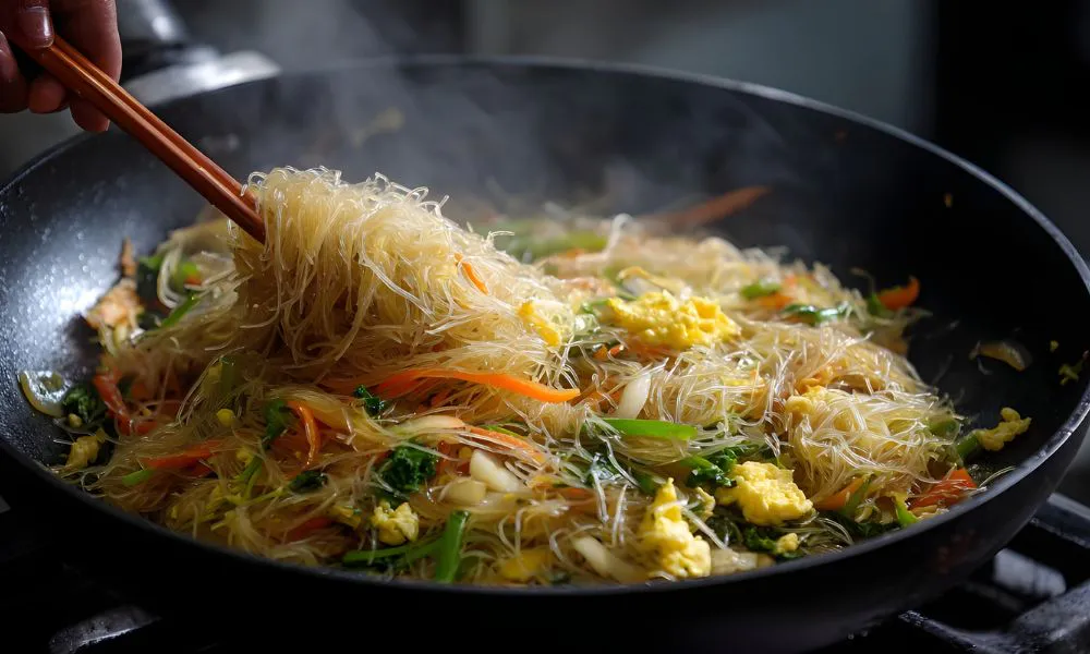 Stir-fried glass noodles with vegetables, egg, and carrots in a wok at Saigon #1, a Vietnamese restaurant in Virginia Beach